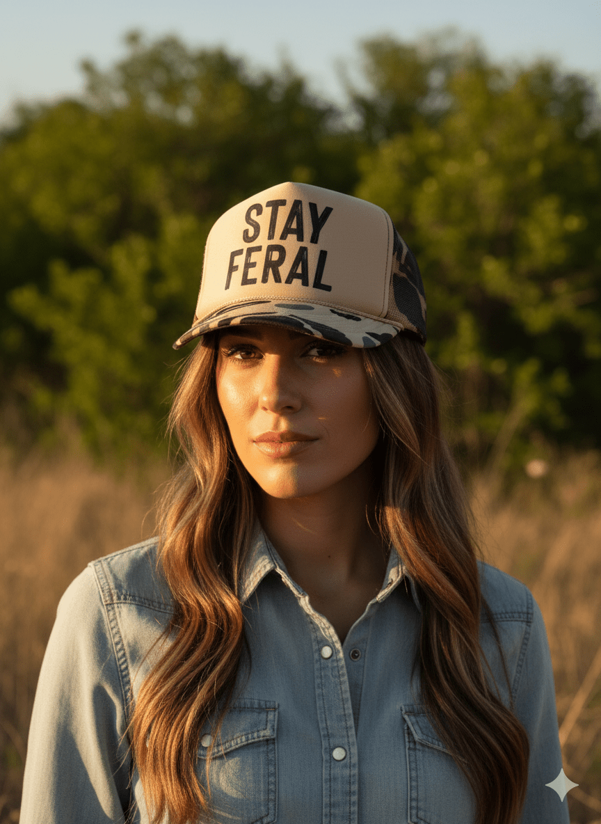 Stay Feral Camo Trucker Hat - Rooted & Reckless Co.