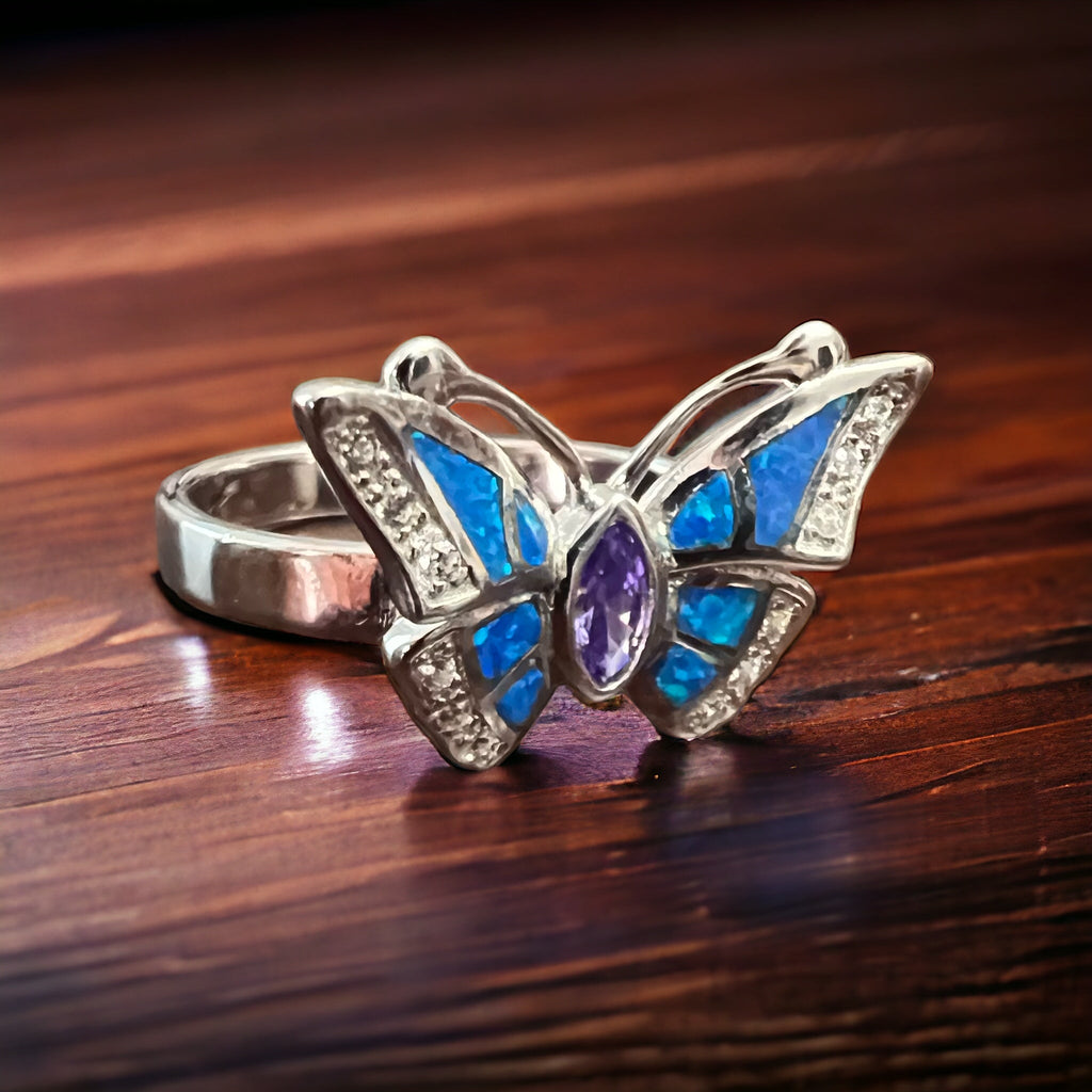 Sterling Butterfly Ring with Opalite inlay and CZ - Size 10 - Rooted & Reckless Co.