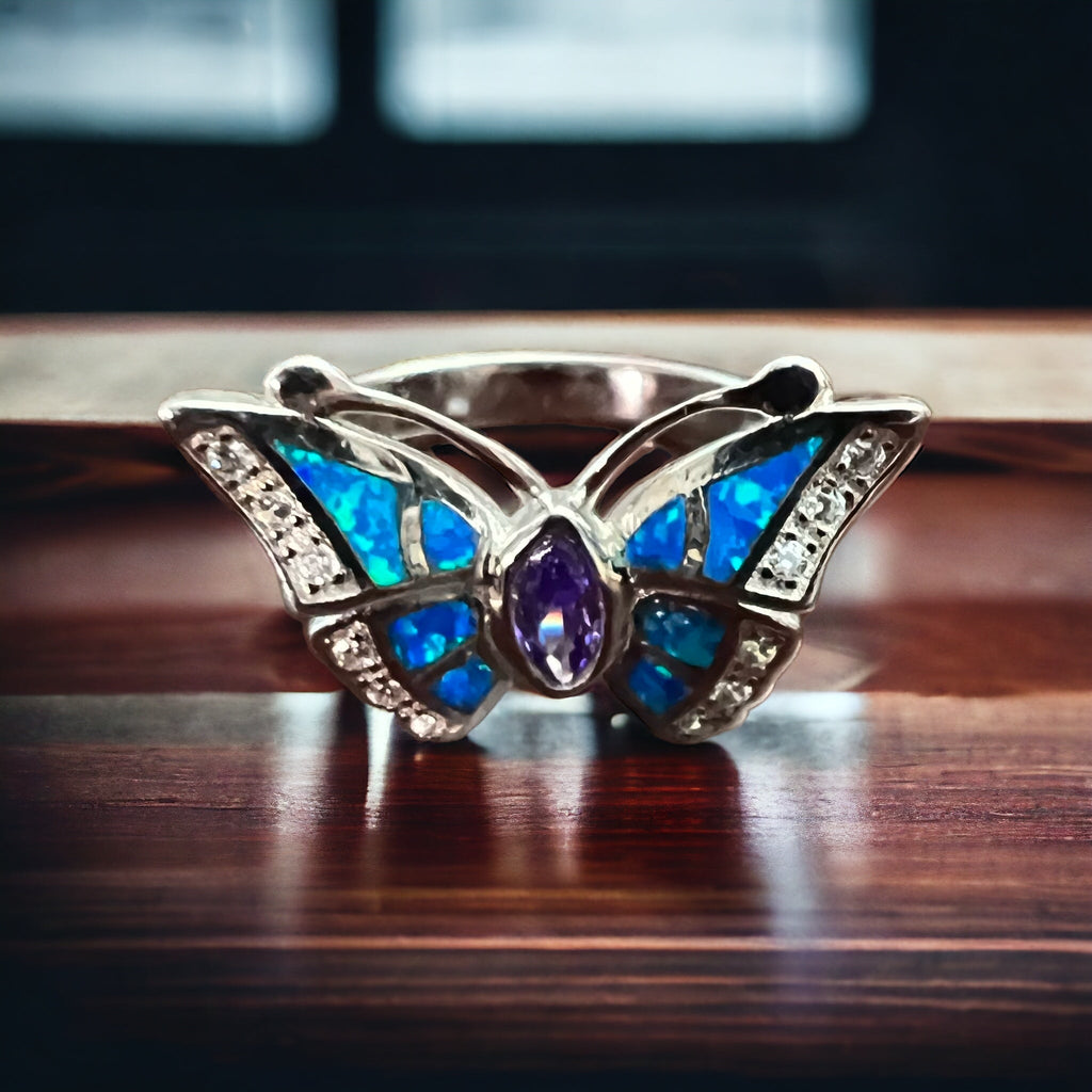 Sterling Butterfly Ring with Opalite inlay and CZ - Size 10 - Rooted & Reckless Co.