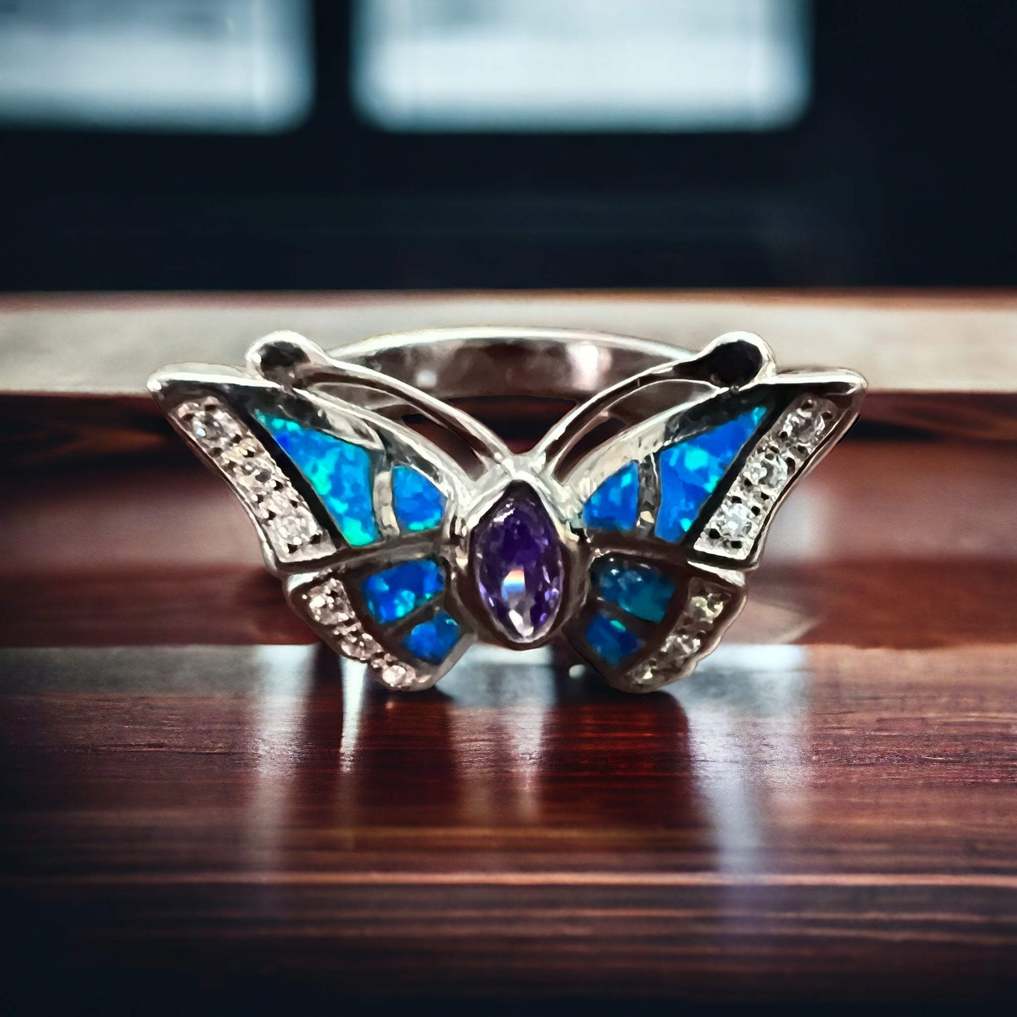 Sterling Butterfly Ring with Opalite inlay and CZ - Size 10 - Rooted & Reckless Co.