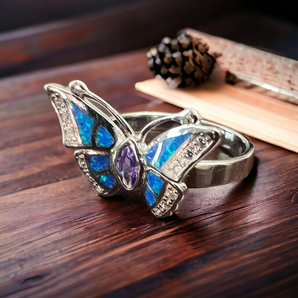 Sterling Butterfly Ring with Opalite inlay and CZ - Size 10 - Rooted & Reckless Co.