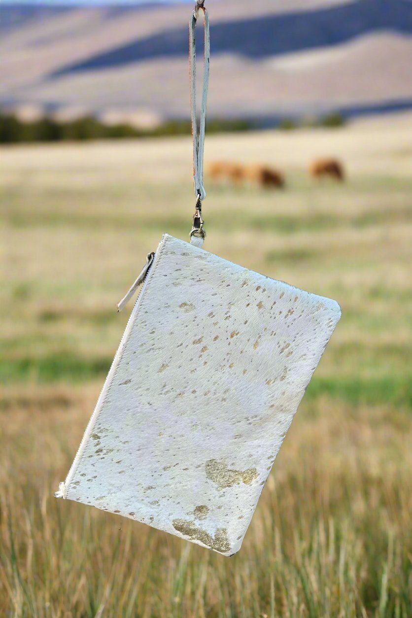 Sterling Kreek "Golden Hour" White Cowhide Bag — Gold-Flecked Western Statement (12") - Rooted & Reckless Co.