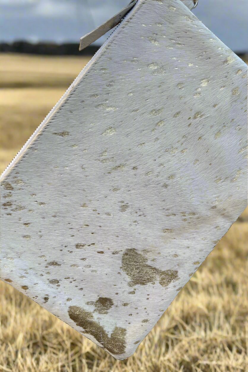Sterling Kreek "Golden Hour" White Cowhide Bag — Gold-Flecked Western Statement (12") - Rooted & Reckless Co.