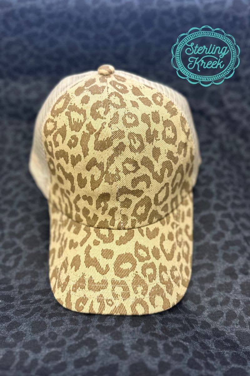 Sterling Kreek "Living in Leopard" Tan Baseball Cap — Criss-Cross Ponytail Back - Rooted & Reckless Co.