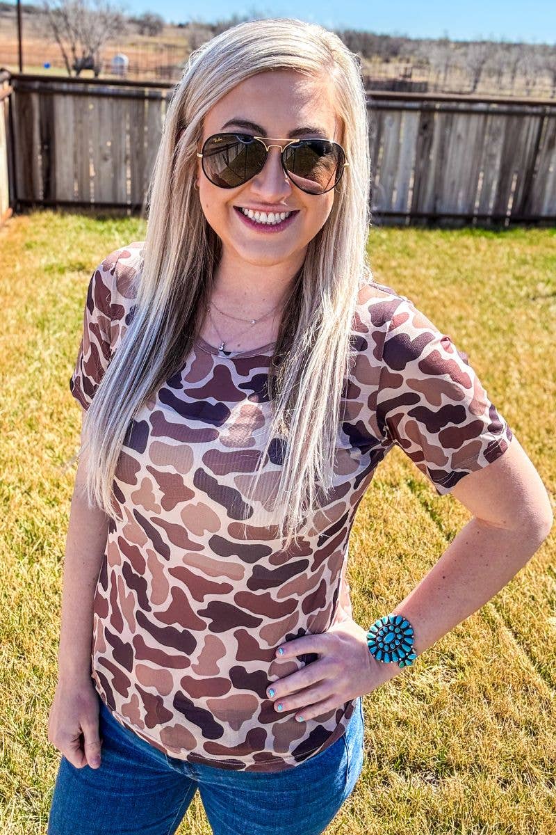 Sterling Kreek "On the Front Line" Western Camo Mesh Short Sleeve Top — Bold Camo Print Layering Piece (small & medium remaining) - Rooted & Reckless Co.