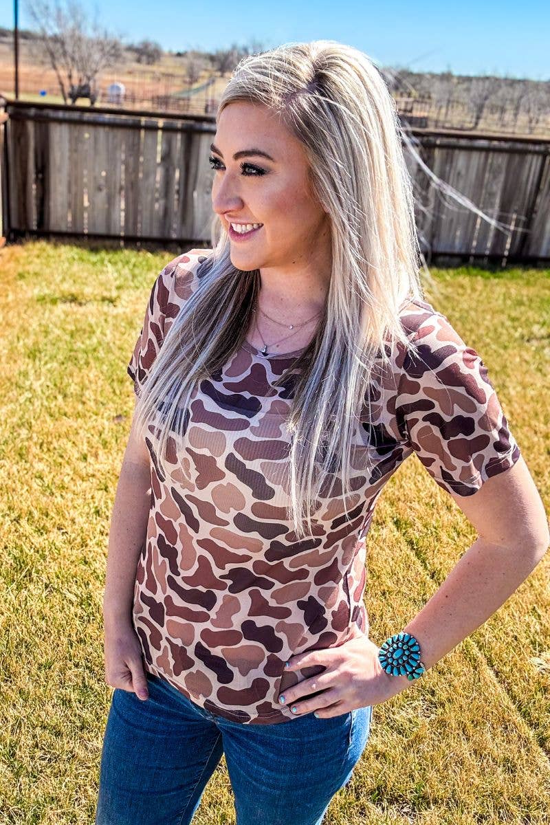 Sterling Kreek "On the Front Line" Western Camo Mesh Short Sleeve Top — Bold Camo Print Layering Piece (small & medium remaining) - Rooted & Reckless Co.