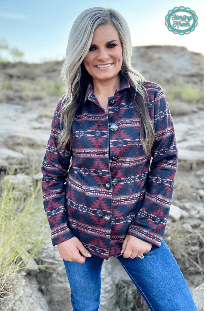 Sterling Kreek "Rebel" Aztec Print Western Jacket — Striking Red & Black Aztec with Buffalo Buttons - Rooted & Reckless Co.