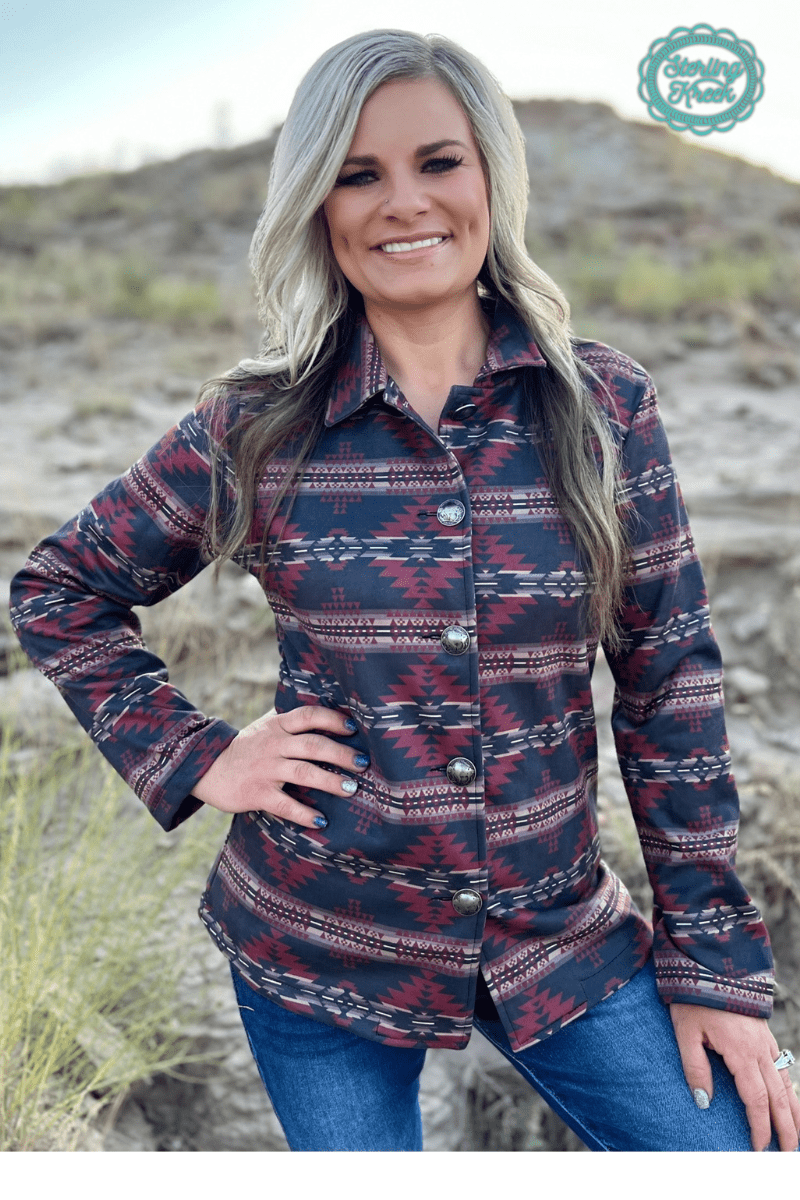 Sterling Kreek "Rebel" Aztec Print Western Jacket — Striking Red & Black Aztec with Buffalo Buttons - Rooted & Reckless Co.