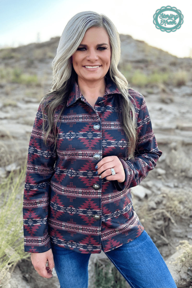 Sterling Kreek "Rebel" Aztec Print Western Jacket — Striking Red & Black Aztec with Buffalo Buttons - Rooted & Reckless Co.