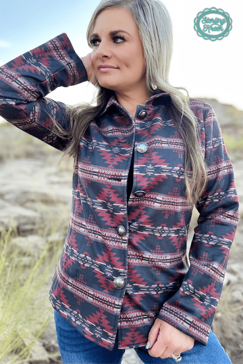 Sterling Kreek "Rebel" Aztec Print Western Jacket — Striking Red & Black Aztec with Buffalo Buttons - Rooted & Reckless Co.
