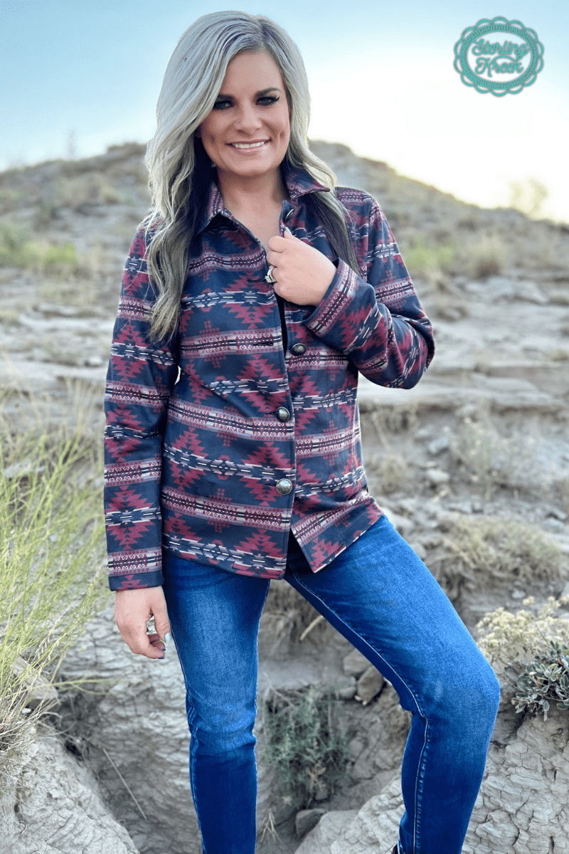 Sterling Kreek "Rebel" Aztec Print Western Jacket — Striking Red & Black Aztec with Buffalo Buttons - Rooted & Reckless Co.