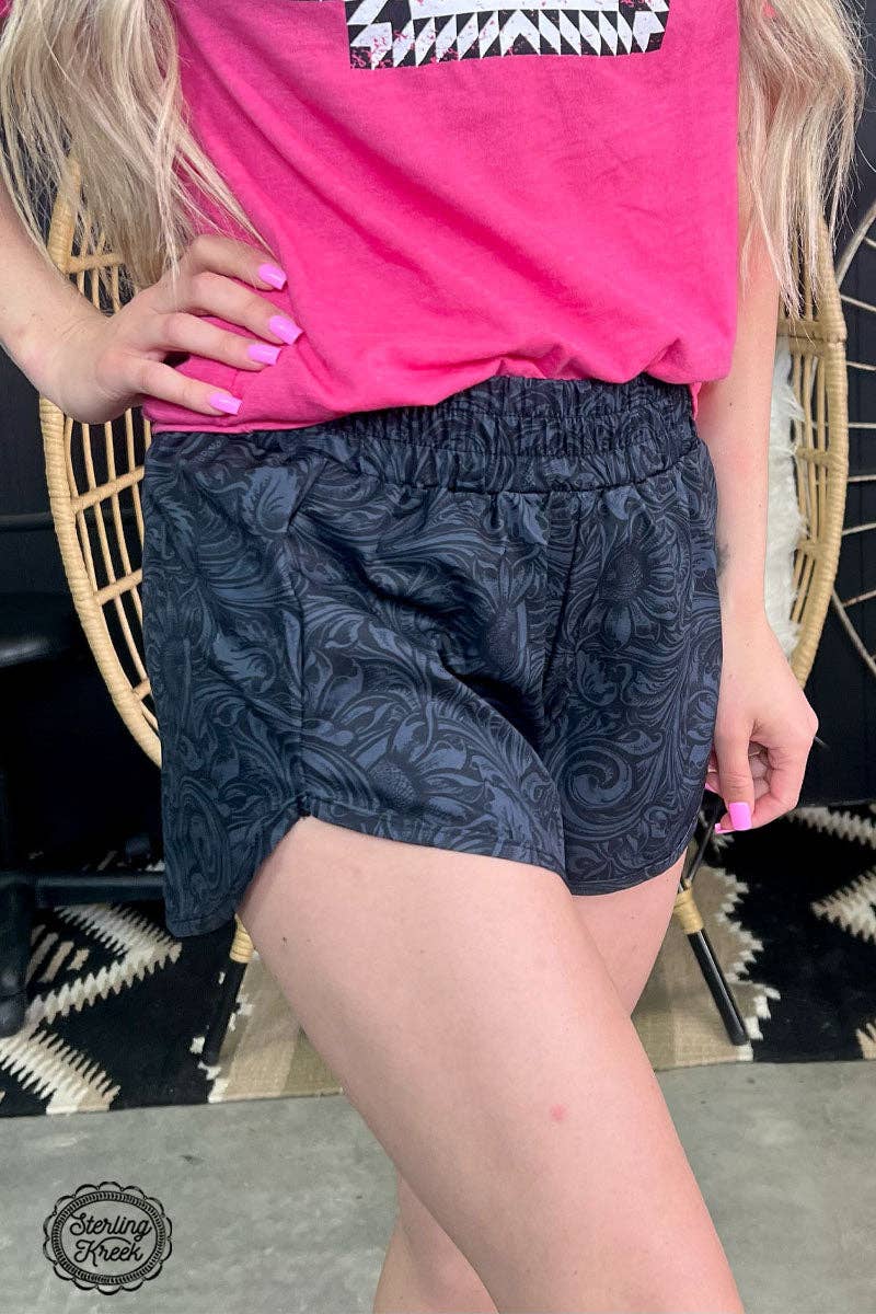 Sterling Kreek "Sheridan" Tooled Print Western Shorts — Midnight Black with Statement Tooled Detailing (small and XL remaining) - Rooted & Reckless Co.