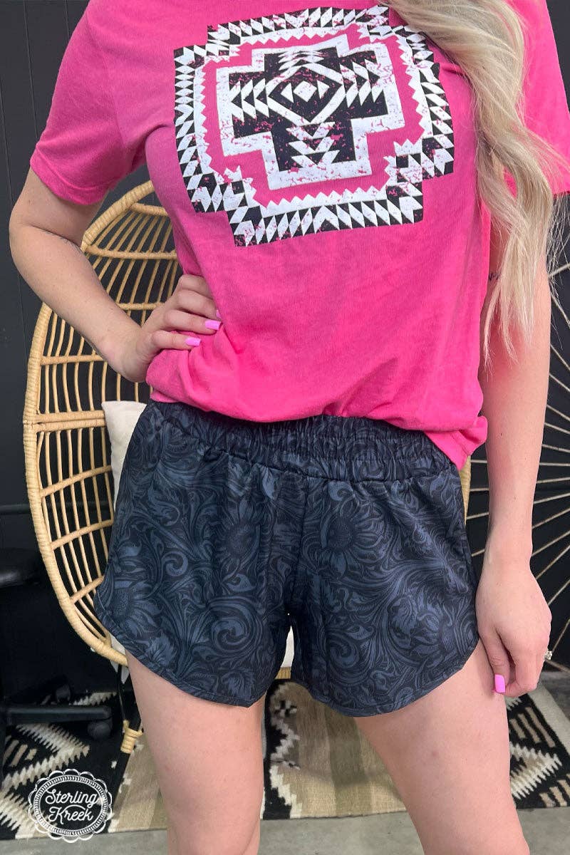 Sterling Kreek "Sheridan" Tooled Print Western Shorts — Midnight Black with Statement Tooled Detailing (small and XL remaining) - Rooted & Reckless Co.