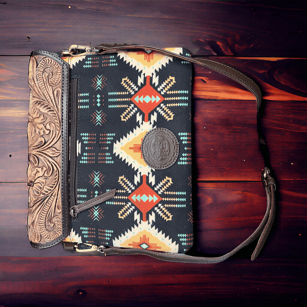 Sterling Kreek "South Point" Tooled Real Leather Crossbody Bag — Black Aztec Western Statement - Rooted & Reckless Co.