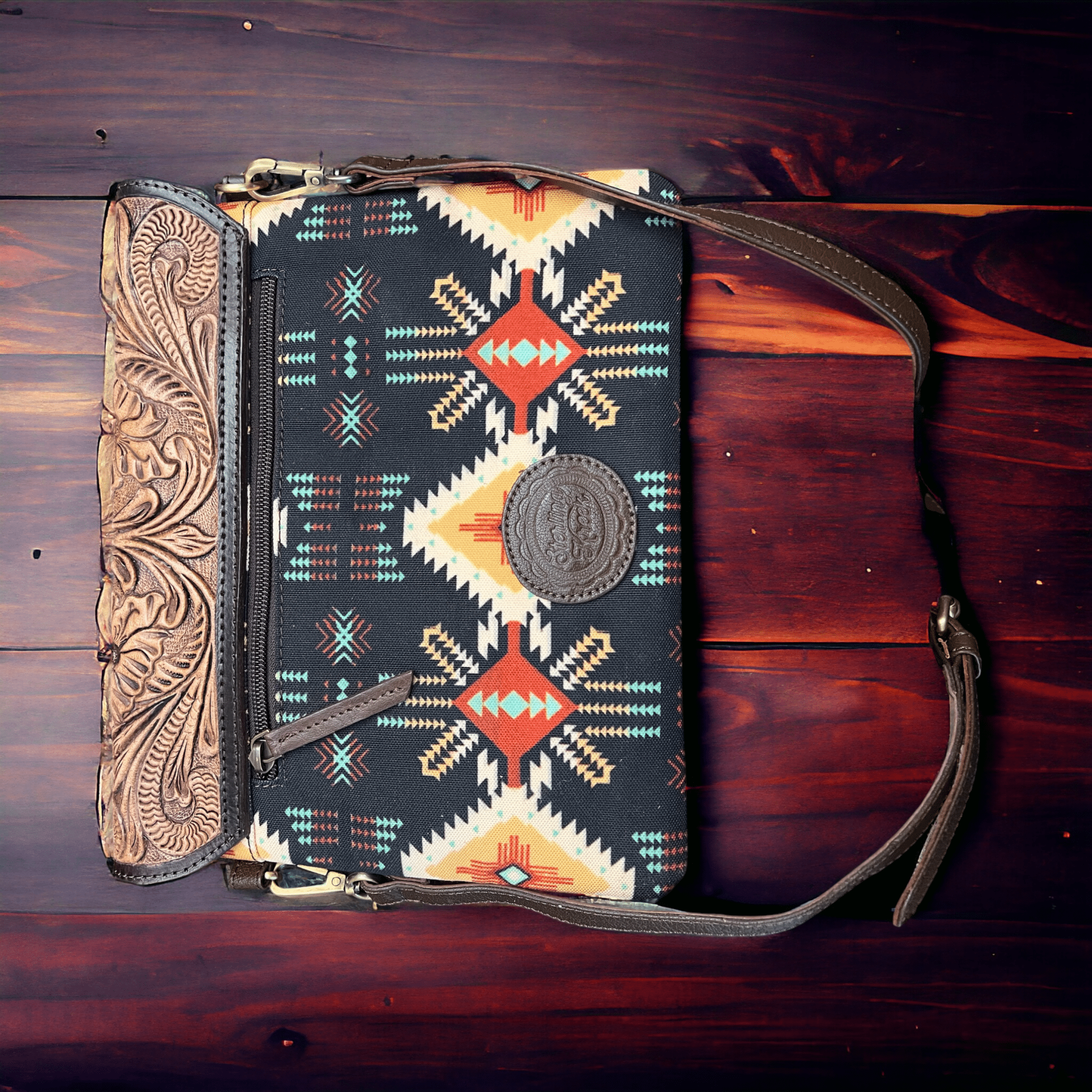 Sterling Kreek "South Point" Tooled Real Leather Crossbody Bag — Black Aztec Western Statement - Rooted & Reckless Co.