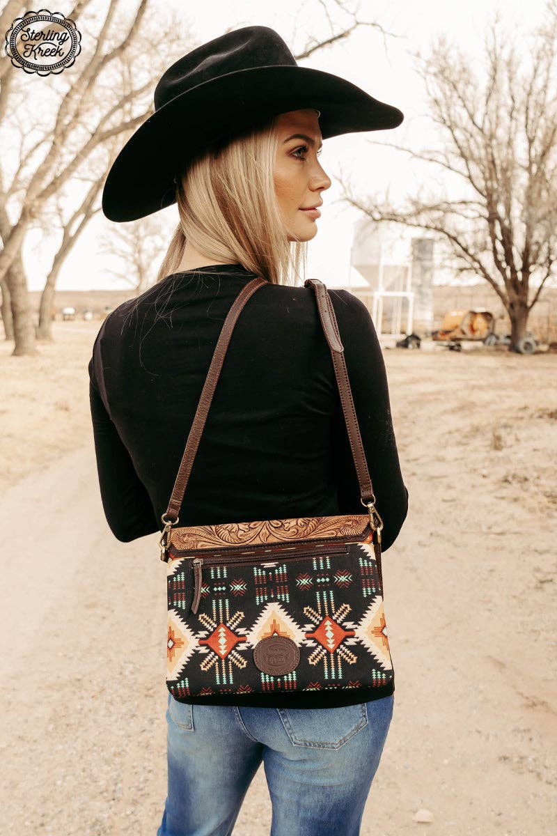 Sterling Kreek "South Point" Tooled Real Leather Crossbody Bag — Black Aztec Western Statement - Rooted & Reckless Co.