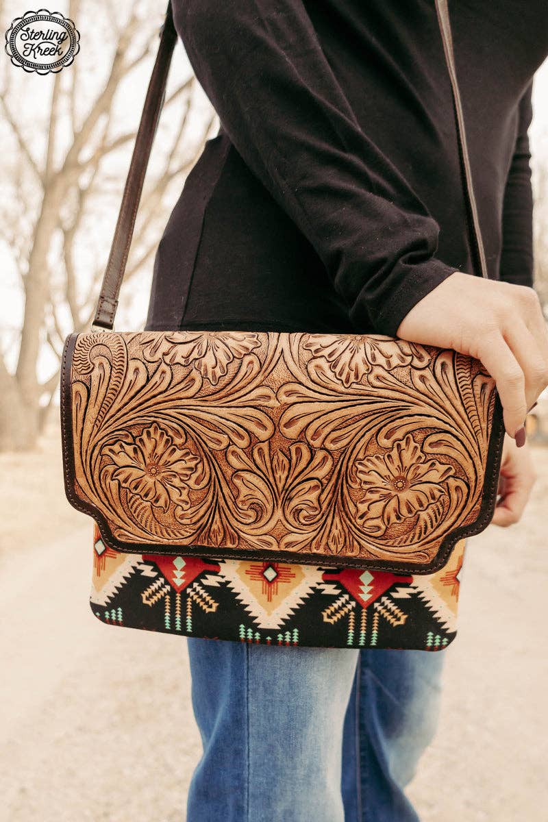 Sterling Kreek "South Point" Tooled Real Leather Crossbody Bag — Black Aztec Western Statement - Rooted & Reckless Co.