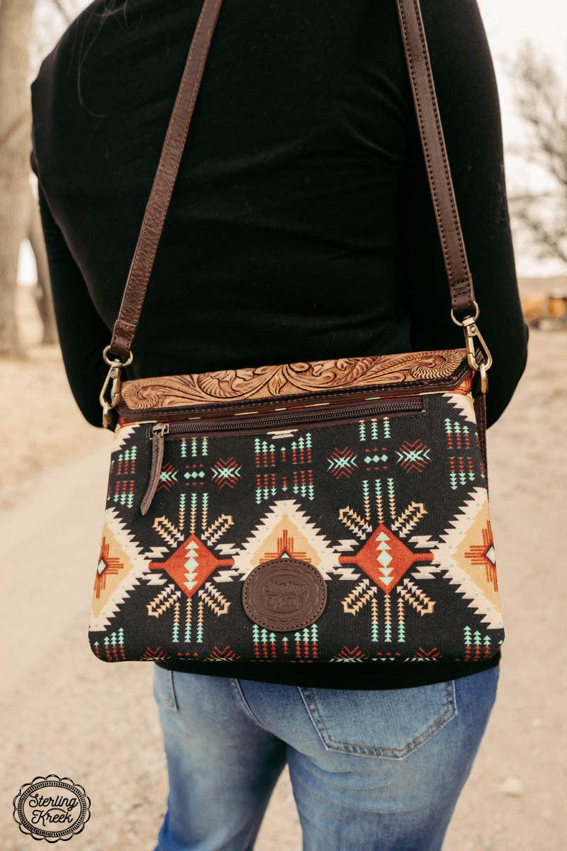Sterling Kreek "South Point" Tooled Real Leather Crossbody Bag — Black Aztec Western Statement - Rooted & Reckless Co.