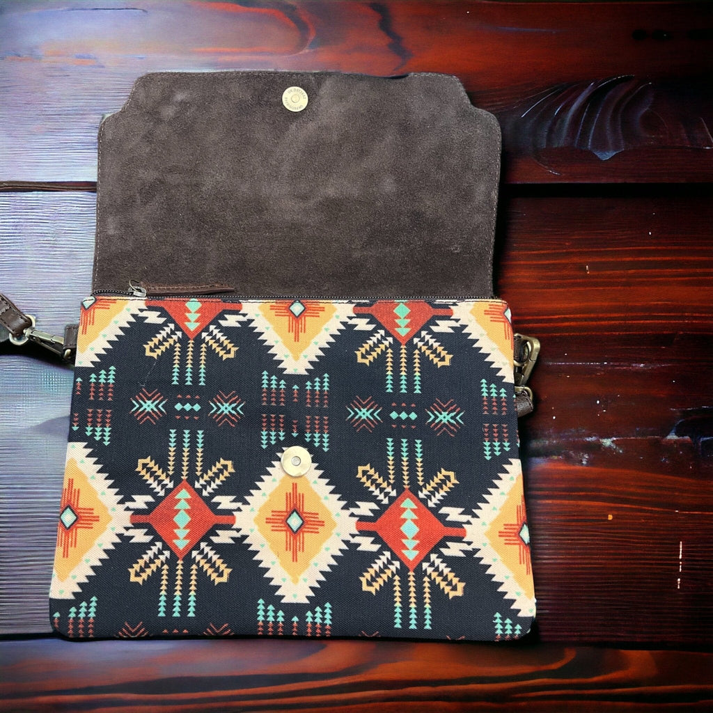 Sterling Kreek "South Point" Tooled Real Leather Crossbody Bag — Black Aztec Western Statement - Rooted & Reckless Co.