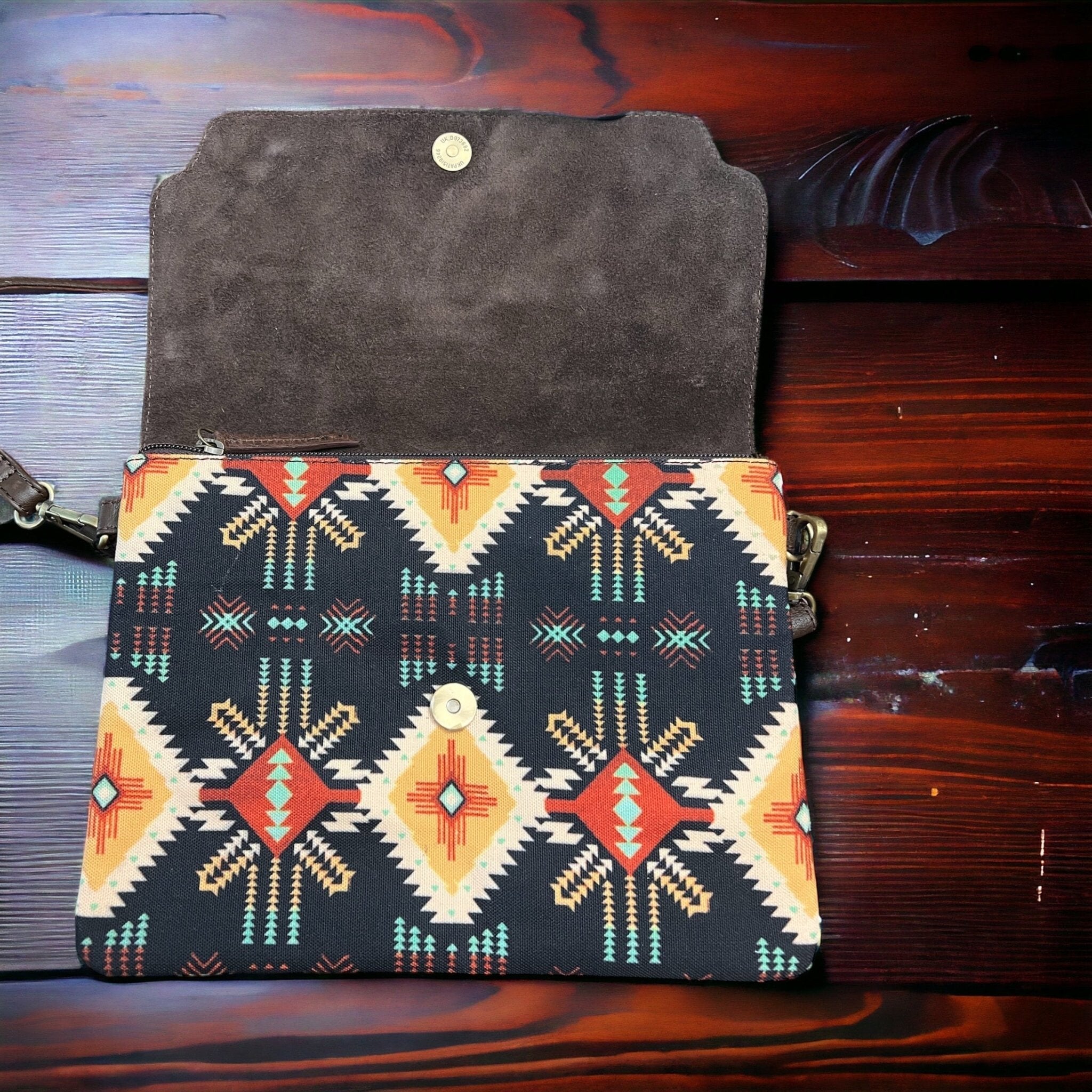 Sterling Kreek "South Point" Tooled Real Leather Crossbody Bag — Black Aztec Western Statement - Rooted & Reckless Co.