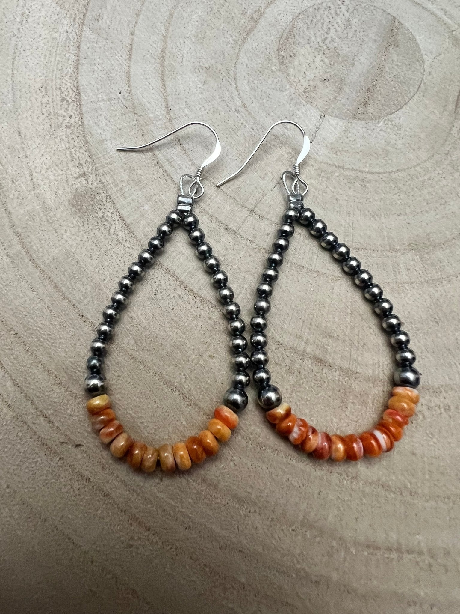 Sterling Pearl & Orange Spiny Oyster Teardrop Earrings — 2.5 inch drop (Made in USA) - Rooted & Reckless Co.
