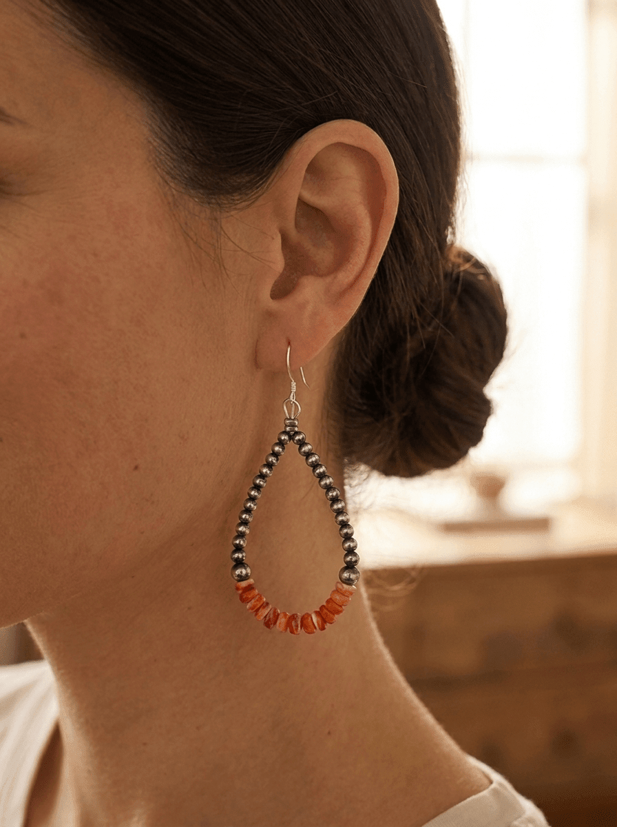 Sterling Pearl & Orange Spiny Oyster Teardrop Earrings — 2.5 inch drop (Made in USA) - Rooted & Reckless Co.