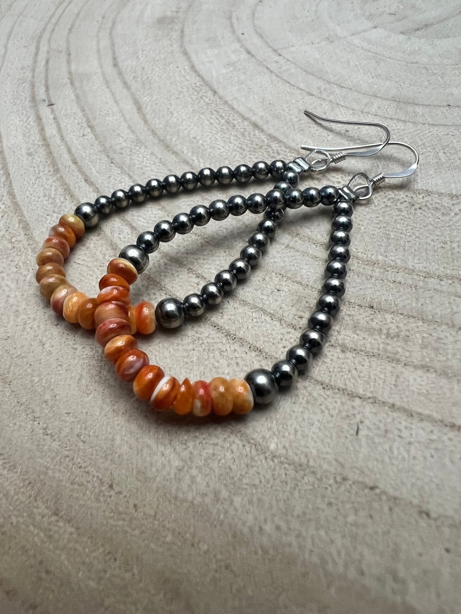 Sterling Pearl & Orange Spiny Oyster Teardrop Earrings — 2.5 inch drop (Made in USA) - Rooted & Reckless Co.