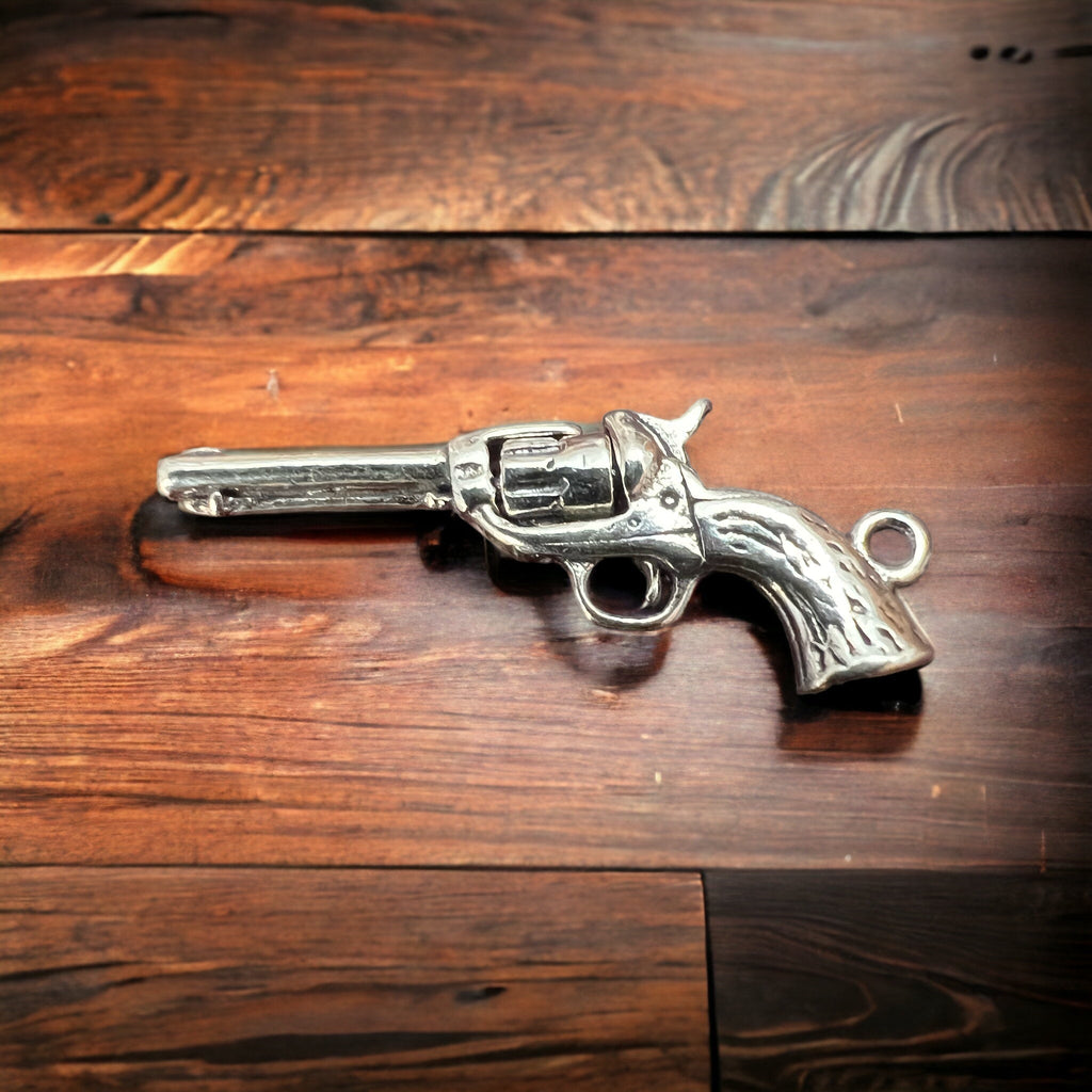 Sterling Silver 3D Pistol Charm/Pendant — Cowboy Six-Shooter with Woodgrain Grips, Oxidized for Detail - Rooted & Reckless Co.