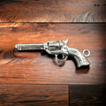 Sterling Silver 3D Pistol Charm/Pendant — Cowboy Six-Shooter with Woodgrain Grips, Oxidized for Detail - Rooted & Reckless Co.