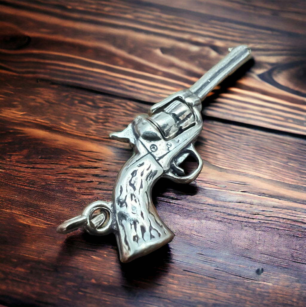 Sterling Silver 3D Pistol Charm/Pendant — Cowboy Six-Shooter with Woodgrain Grips, Oxidized for Detail - Rooted & Reckless Co.