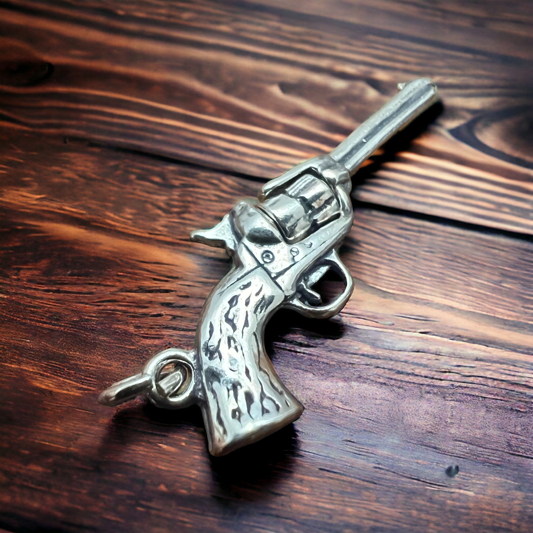 Sterling Silver 3D Pistol Charm/Pendant — Cowboy Six-Shooter with Woodgrain Grips, Oxidized for Detail - Rooted & Reckless Co.