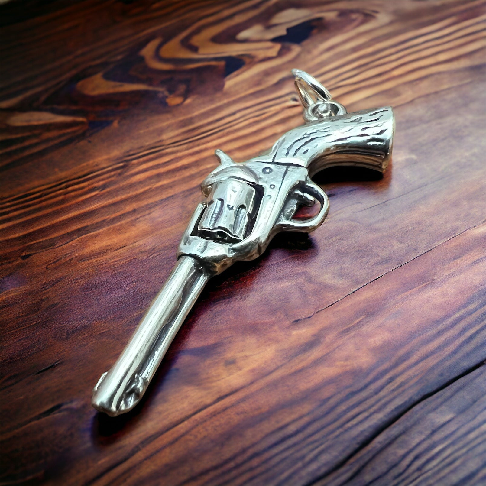 Sterling Silver 3D Pistol Charm/Pendant — Cowboy Six-Shooter with Woodgrain Grips, Oxidized for Detail - Rooted & Reckless Co.