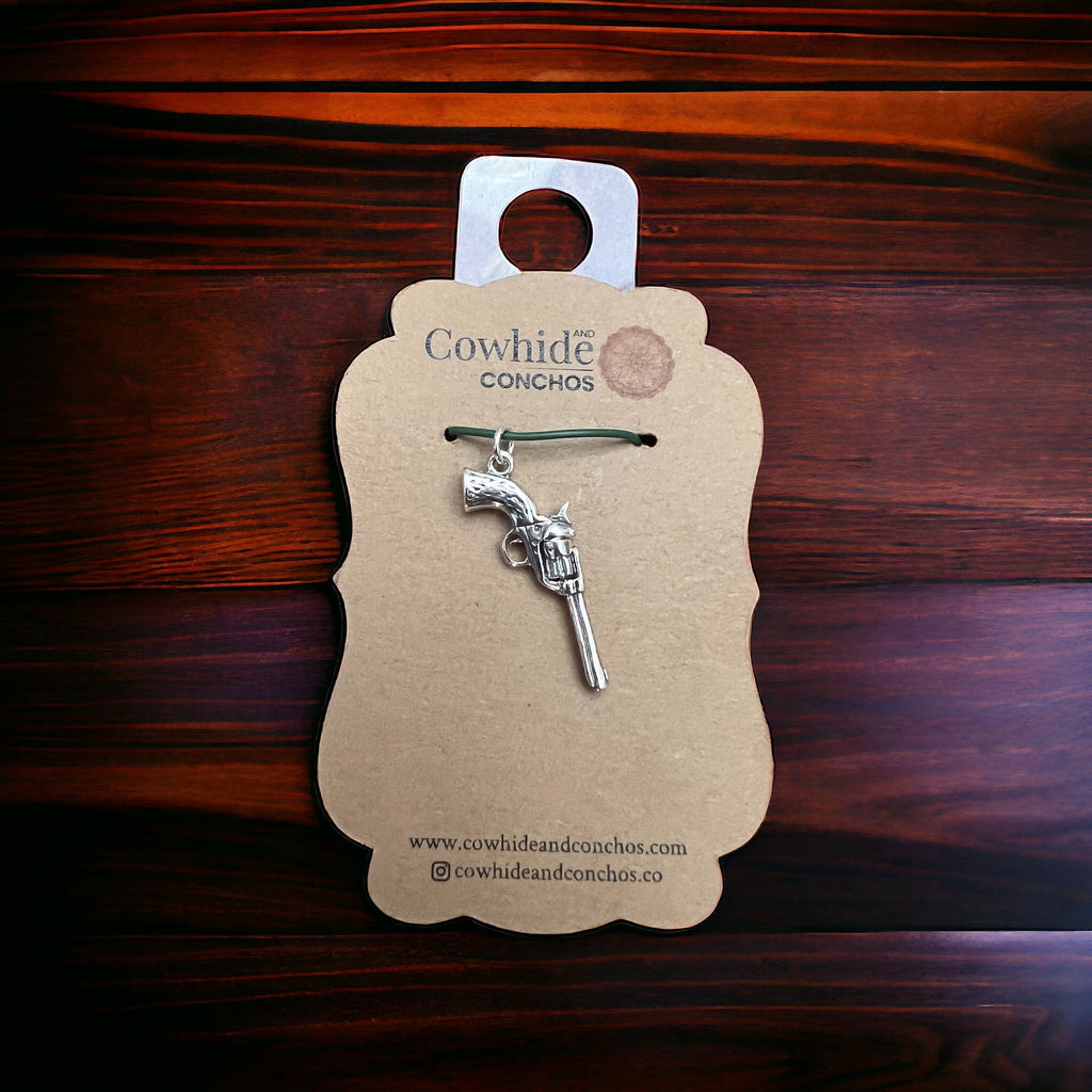 Sterling Silver 3D Pistol Charm/Pendant — Cowboy Six-Shooter with Woodgrain Grips, Oxidized for Detail - Rooted & Reckless Co.