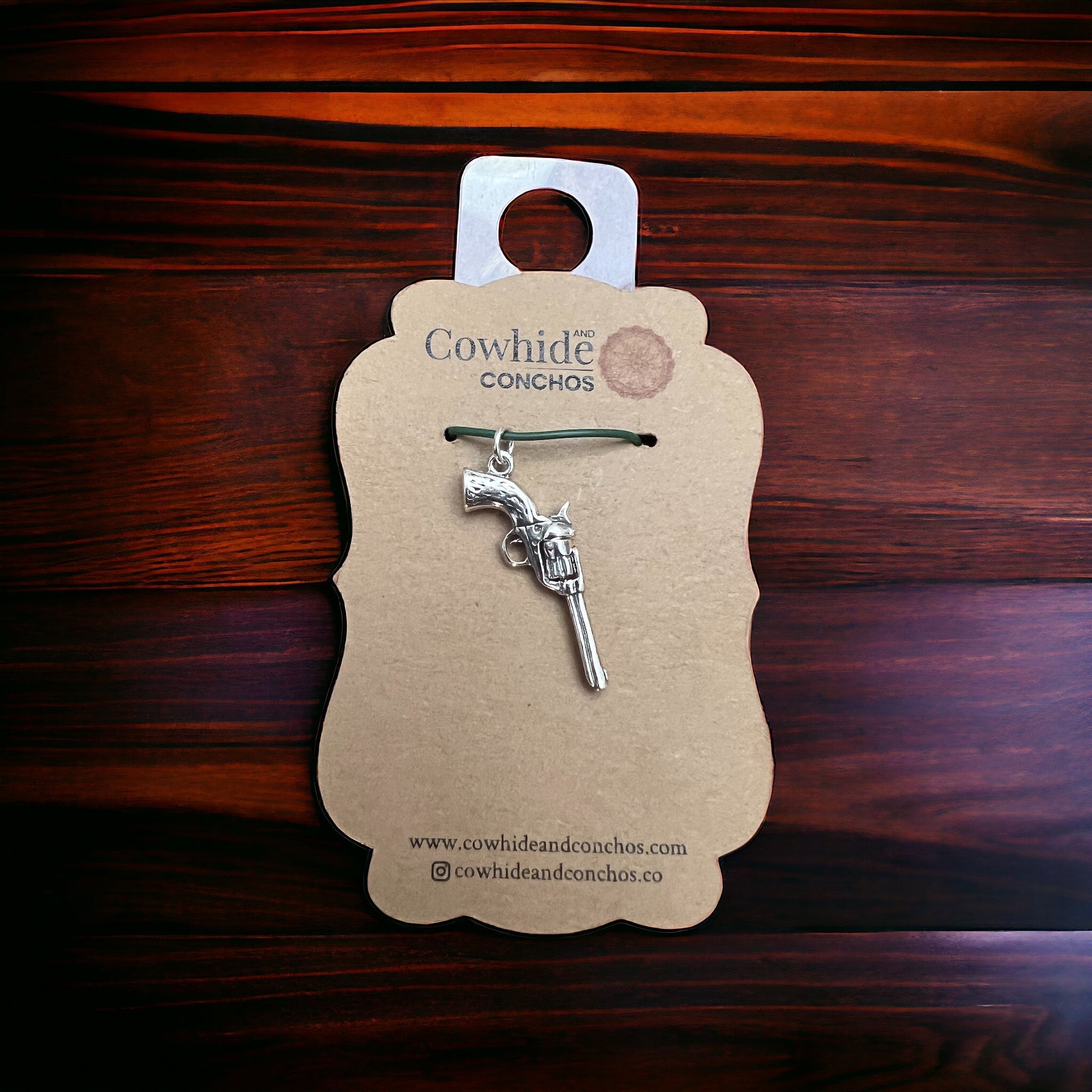 Sterling Silver 3D Pistol Charm/Pendant — Cowboy Six-Shooter with Woodgrain Grips, Oxidized for Detail - Rooted & Reckless Co.