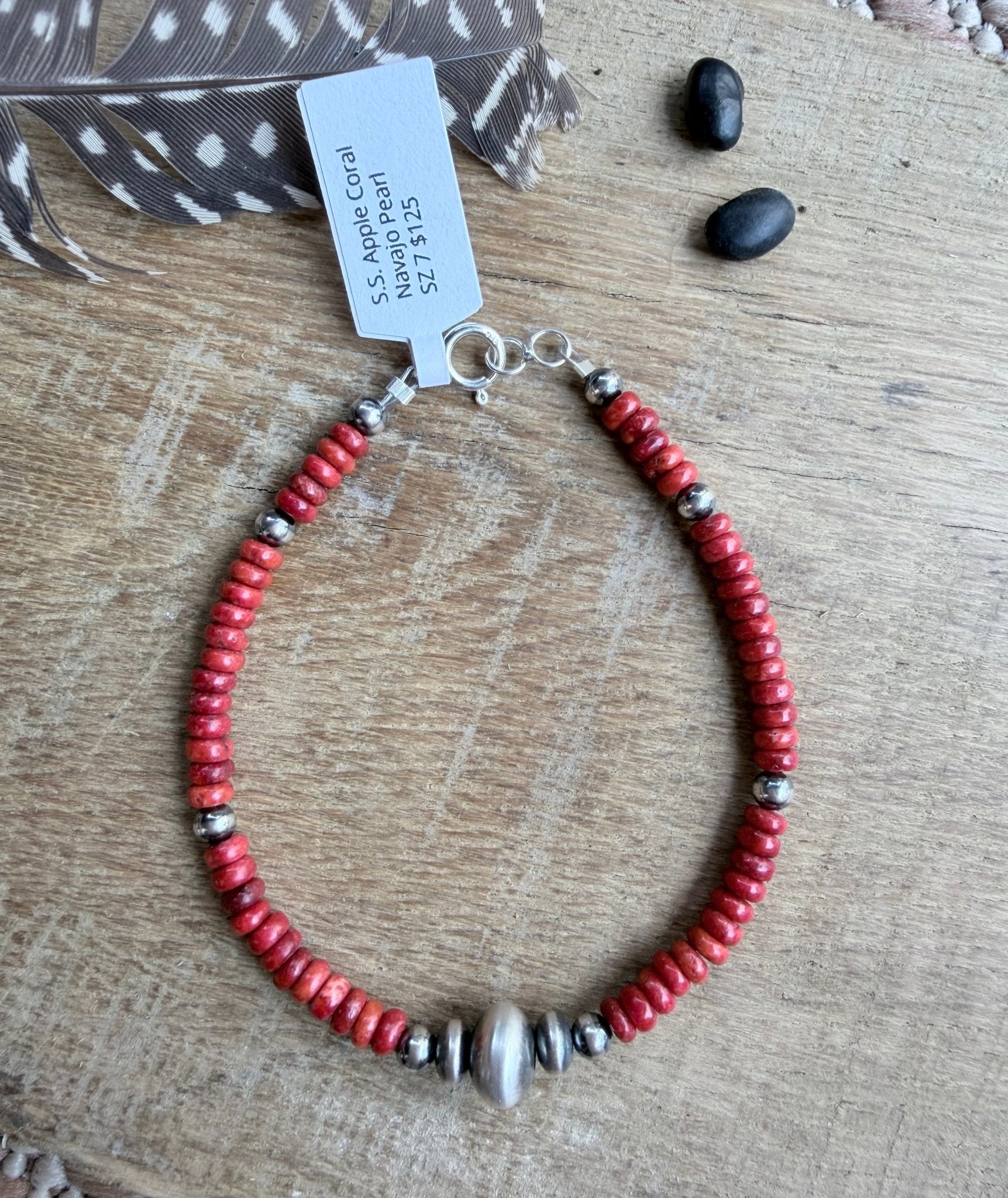 Sterling Silver and Apple Coral Navajo Pearl Bracelet Native Made By Harold Tahe - Rooted & Reckless Co.