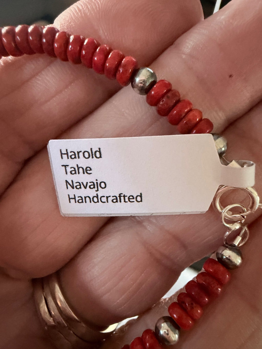 Sterling Silver and Apple Coral Navajo Pearl Bracelet Native Made By Harold Tahe - Rooted & Reckless Co.