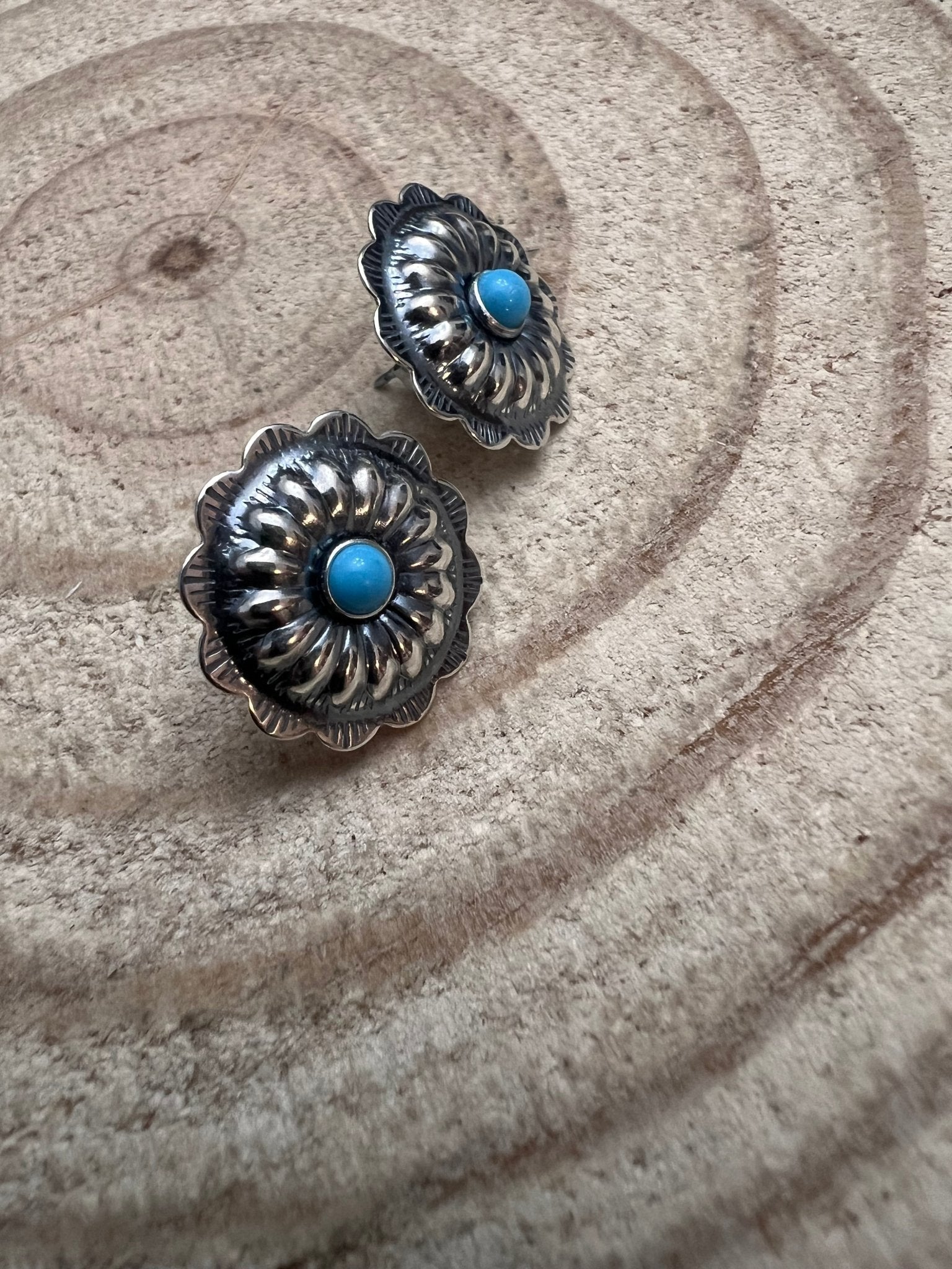 Sterling Silver Concho & Kingman Turquoise Post Earrings (Western Statement) - Rooted & Reckless Co.