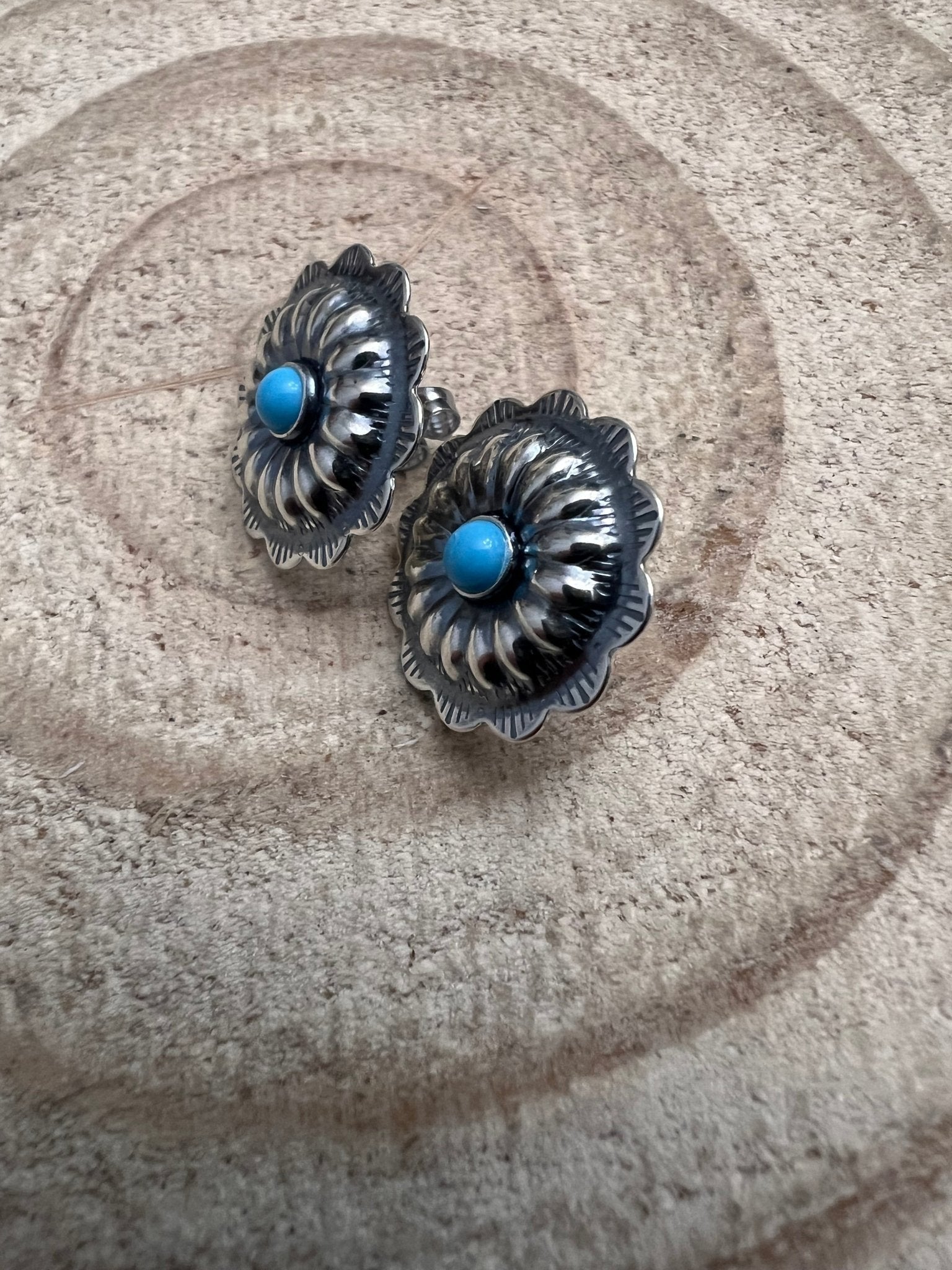 Sterling Silver Concho & Kingman Turquoise Post Earrings (Western Statement) - Rooted & Reckless Co.