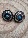 Sterling Silver Concho & Kingman Turquoise Post Earrings (Western Statement) - Rooted & Reckless Co.