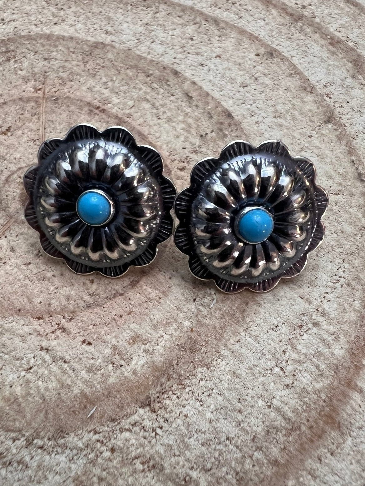 Sterling Silver Concho & Kingman Turquoise Post Earrings (Western Statement) - Rooted & Reckless Co.