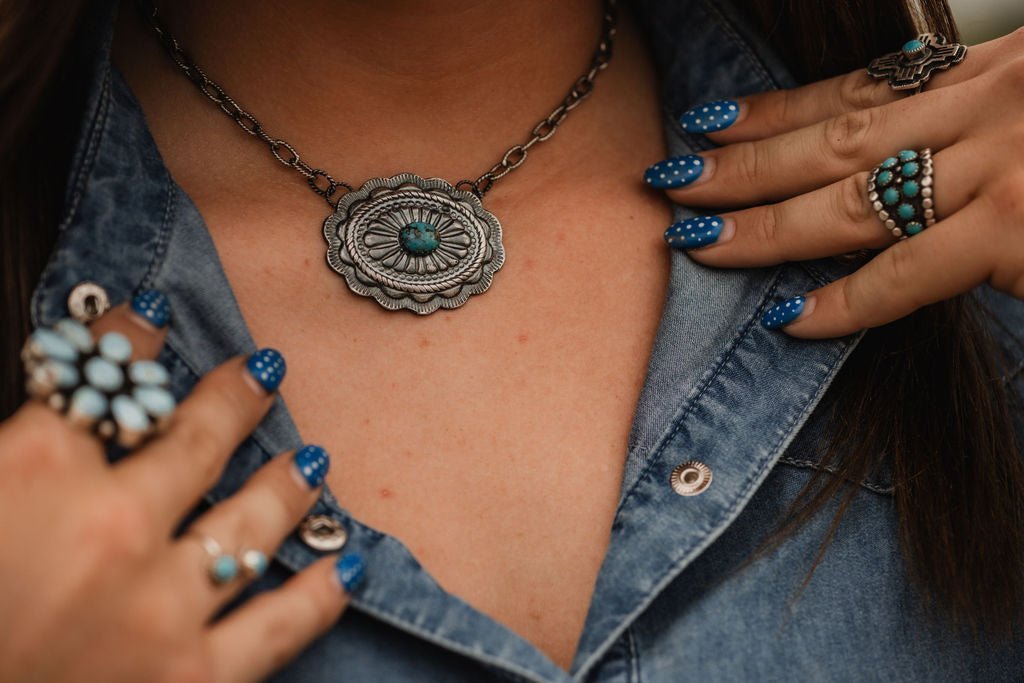 Sterling Silver Concho & Kingman Turquoise Western Statement Necklace — 18" - Rooted & Reckless Co.
