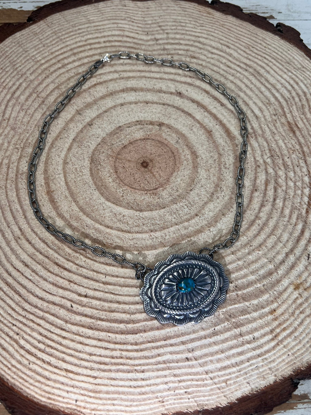 Sterling Silver Concho & Kingman Turquoise Western Statement Necklace — 18" - Rooted & Reckless Co.