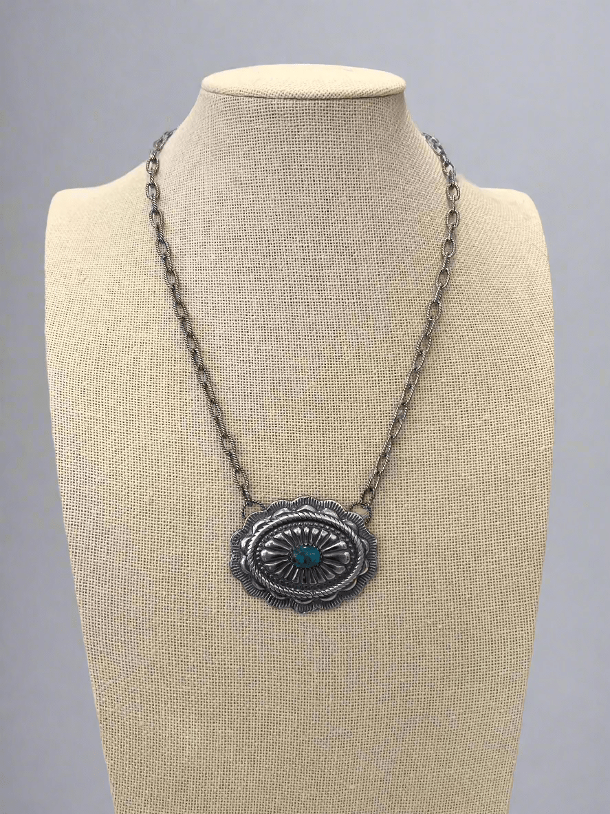 Sterling Silver Concho & Kingman Turquoise Western Statement Necklace — 18" - Rooted & Reckless Co.