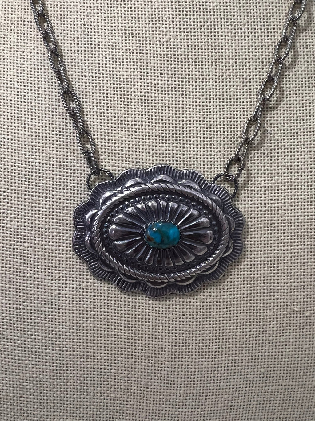 Sterling Silver Concho & Kingman Turquoise Western Statement Necklace — 18" - Rooted & Reckless Co.
