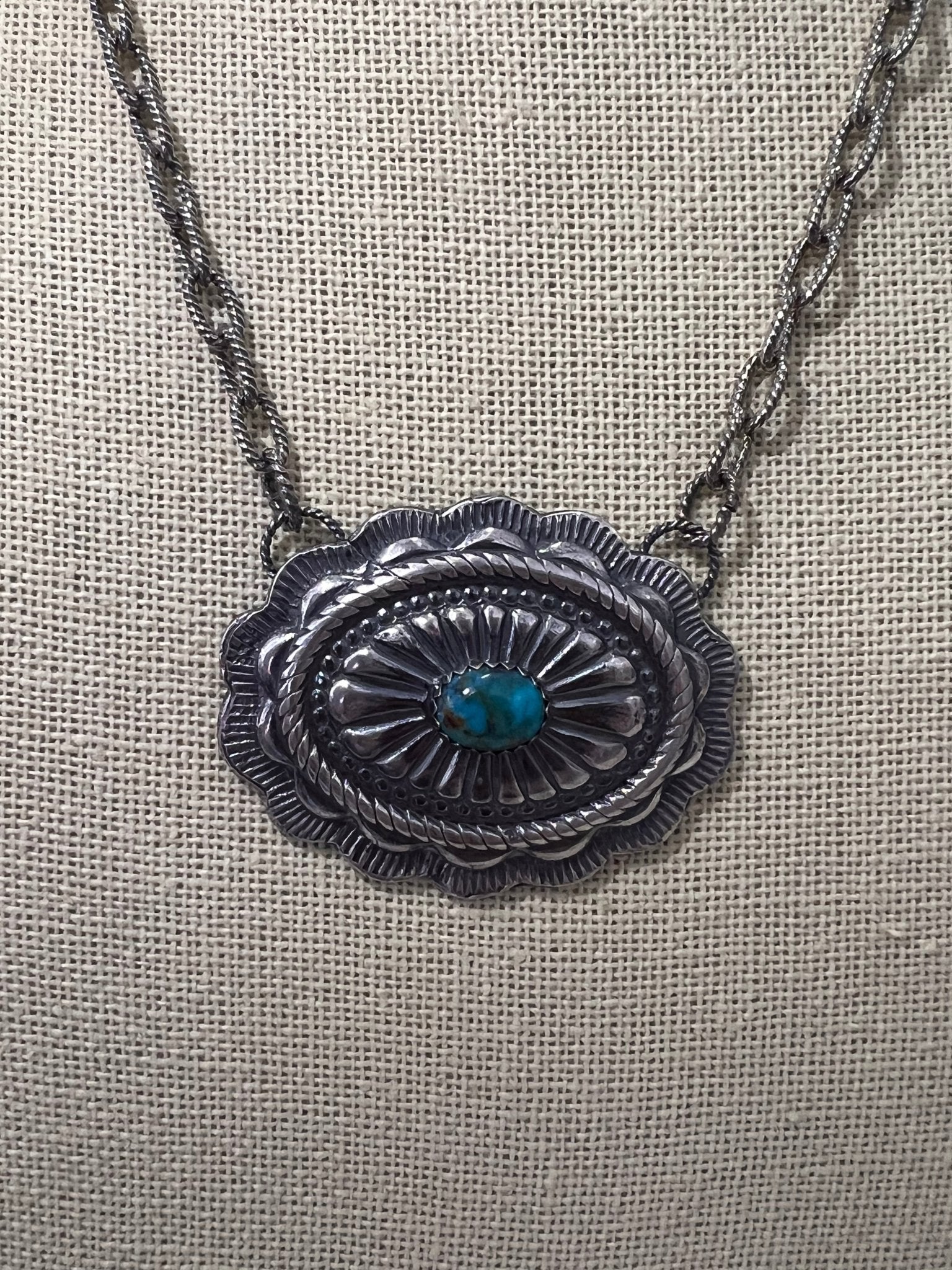 Sterling Silver Concho & Kingman Turquoise Western Statement Necklace — 18" - Rooted & Reckless Co.
