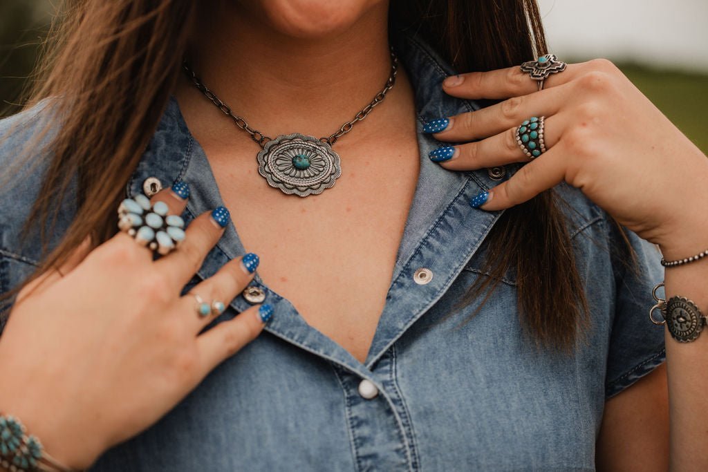 Sterling Silver Concho & Kingman Turquoise Western Statement Necklace — 18" - Rooted & Reckless Co.
