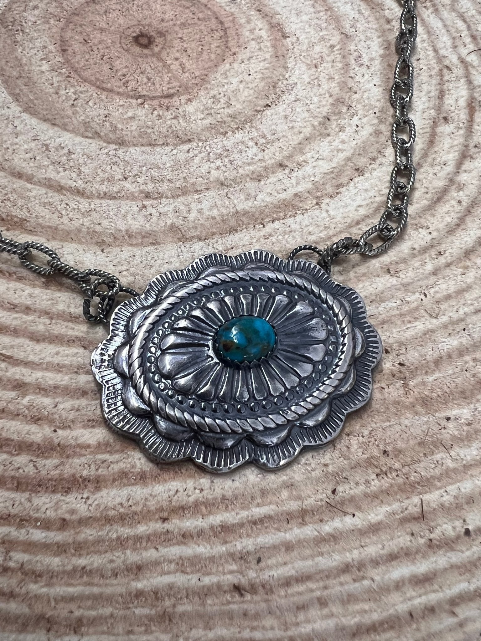 Sterling Silver Concho & Kingman Turquoise Western Statement Necklace — 18" - Rooted & Reckless Co.