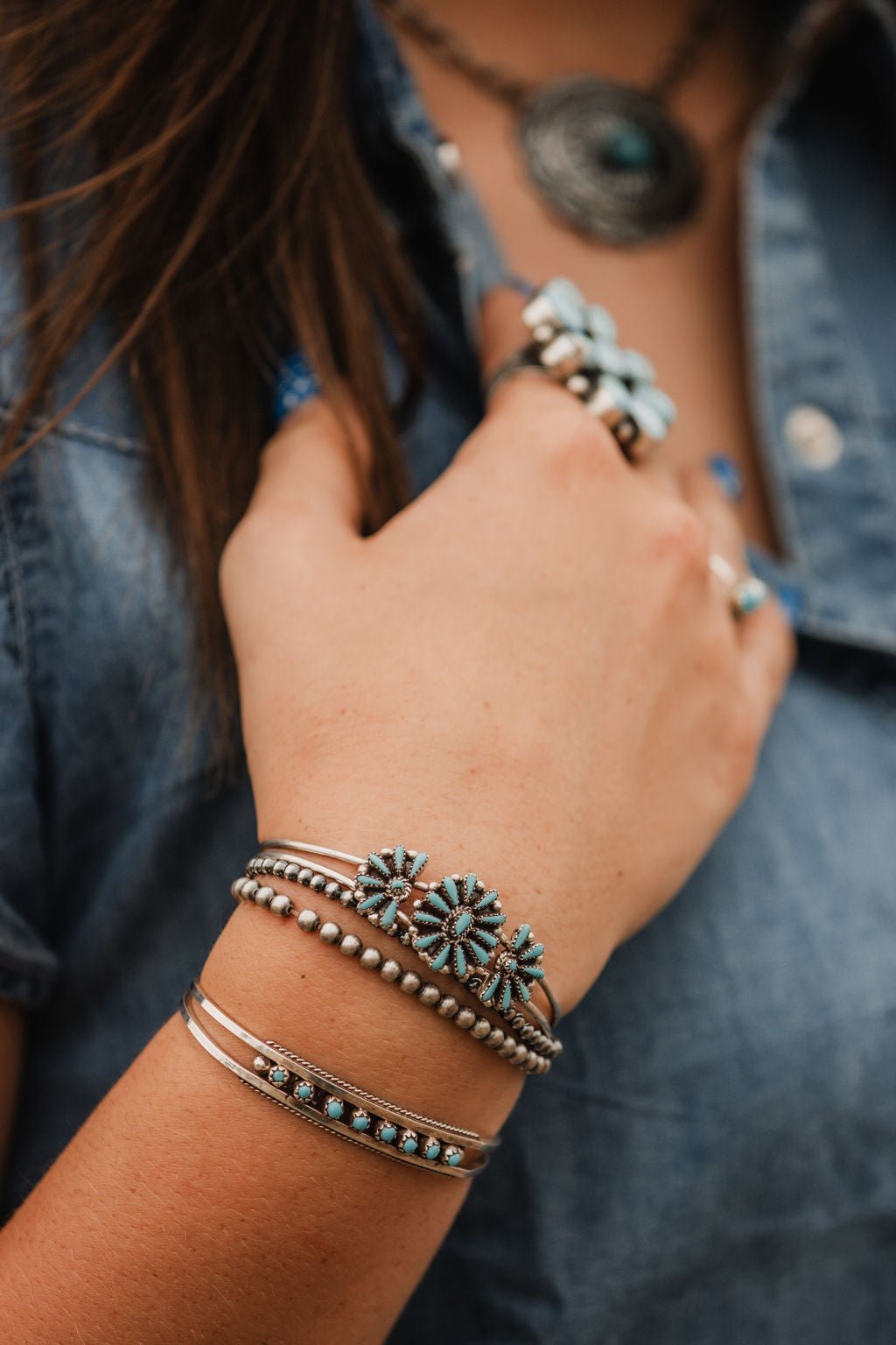 Sterling Silver Concho & Kingman Turquoise Western Statement Necklace — 18" - Rooted & Reckless Co.