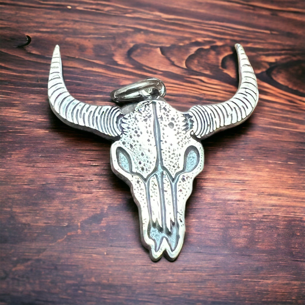 Sterling Silver Cow Skull Flat Charm/Pendant — Etched Western Statement with Oxidized Depth - Rooted & Reckless Co.