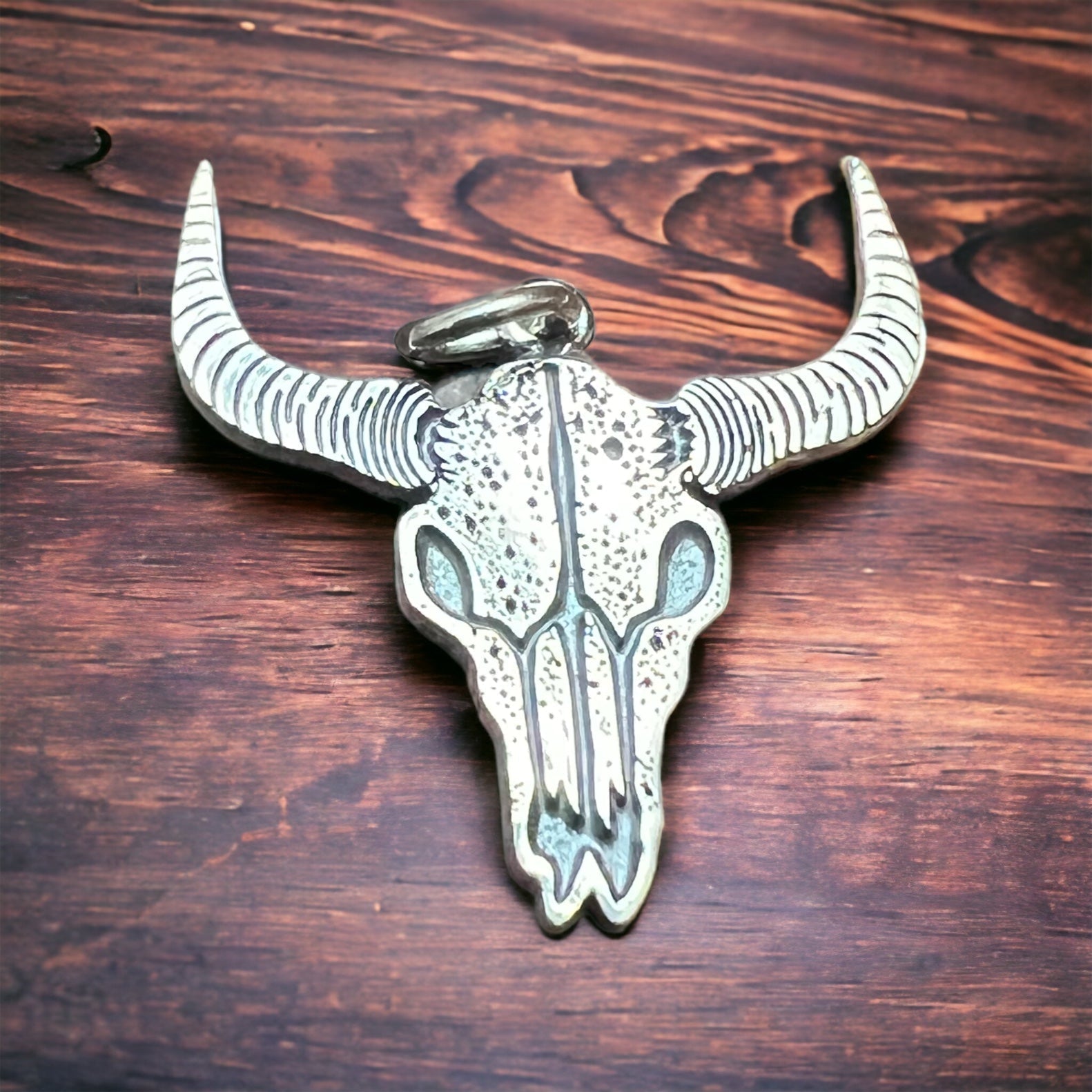 Sterling Silver Cow Skull Flat Charm/Pendant — Etched Western Statement with Oxidized Depth - Rooted & Reckless Co.